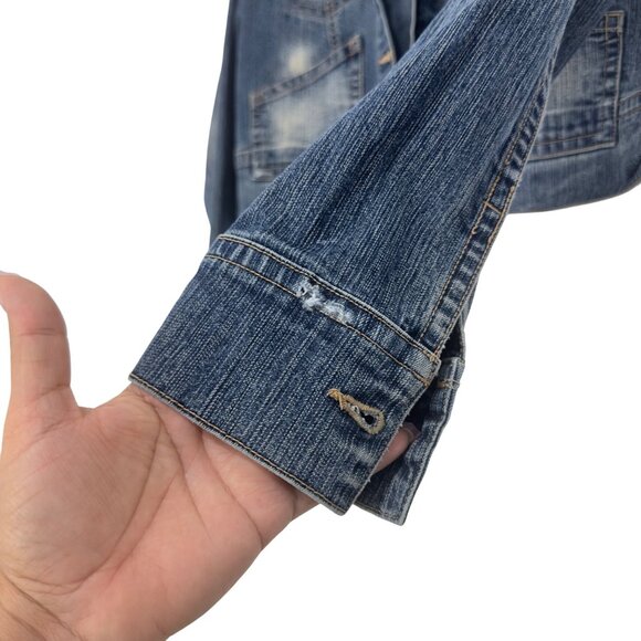 Xhilaration Womens Cropped Denim Jacket SZ XL Blue Button Front Distressed Style - Picture 7 of 15